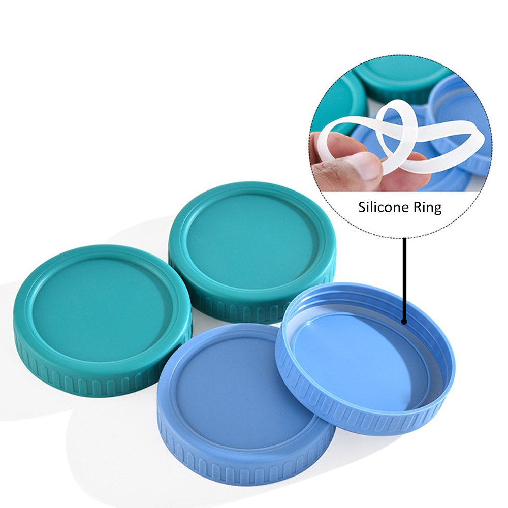 Close-up of the clear silicone gasket inside a blue wide mouth plastic lid.