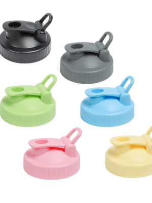 BPA-free plastic pour spout flip cap lid on a mason jar, shown in open and closed positions.