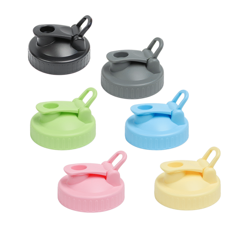 BPA-free plastic pour spout flip cap lid on a mason jar, shown in open and closed positions.