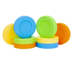 BPA-free and food-grade material certification symbol next to the colorful baby food lids.