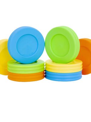 BPA-free and food-grade material certification symbol next to the colorful baby food lids.