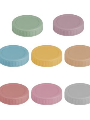 Full assortment of colorful macaron-style plastic lids for mason jars, arranged in a spectrum.