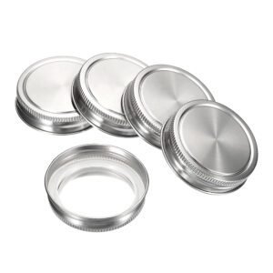 Airtight food grade stainless steel mason jar lids in 70mm and 86mm sizes, creating a seal on glass jars.