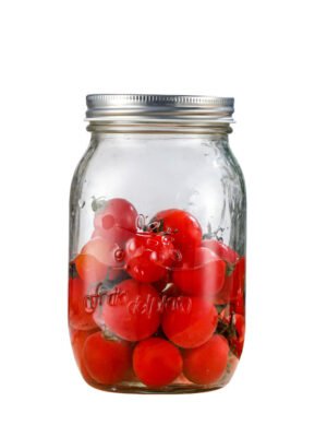 Embossed 32oz wide mouth glass mason jar with decorative pattern and metal lid.