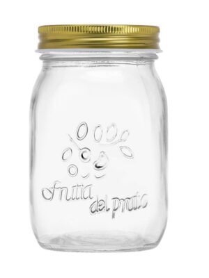 Embossed 550ml glass mason jar with decorative pattern and metal lid for food storage.