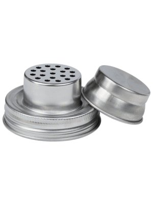 Professional mason jar cocktail shaker lid with built-in strainer, attached to a jar during use.