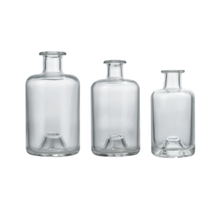 Set of clear flint glass liquor bottles in 250ml, 375ml, 500ml, and 750ml sizes for spirits.