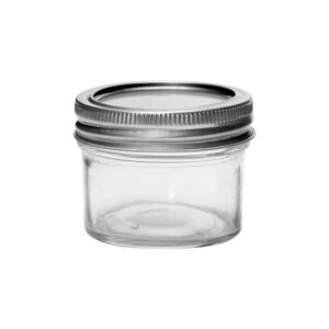 4oz (120ml) clear glass mason jar with metal lid, shown front and side view.