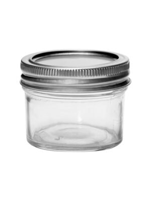 4oz (120ml) clear glass mason jar with metal lid, shown front and side view.