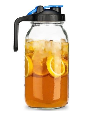 64oz wide mouth mason jar glass coffee pitcher with black plastic flip pour lid.