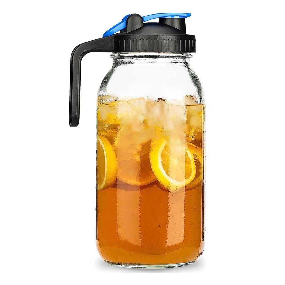 64oz wide mouth mason jar glass coffee pitcher with black plastic flip pour lid.