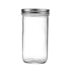 20oz wide mouth glass mason jar with metal lid, shown as both storage and drinking vessel.