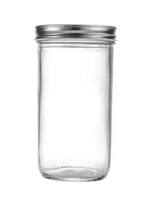 20oz wide mouth glass mason jar with metal lid, shown as both storage and drinking vessel.
