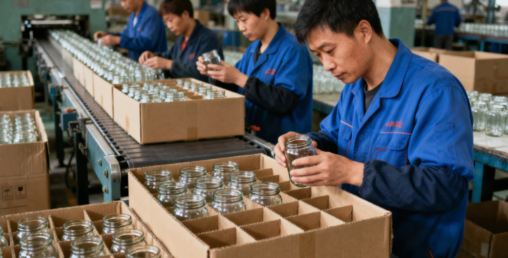 A candid shot of a team member in a warehouse, carefully inspecting a jar before packing it into a sturdy, well-designed carton