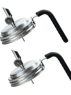 Wide mouth mason jar with stainless steel oil dispenser lid and handle.