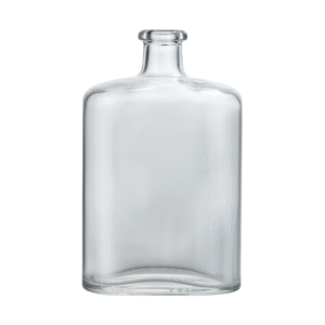 750ml flat round glass liquor bottle showing front and side slim profile.