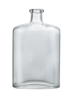 750ml flat round glass liquor bottle showing front and side slim profile.