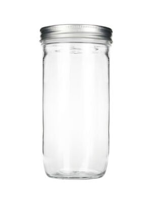 Large 720ml wide mouth glass mason jar with metal lid, shown with measuring tape for scale.