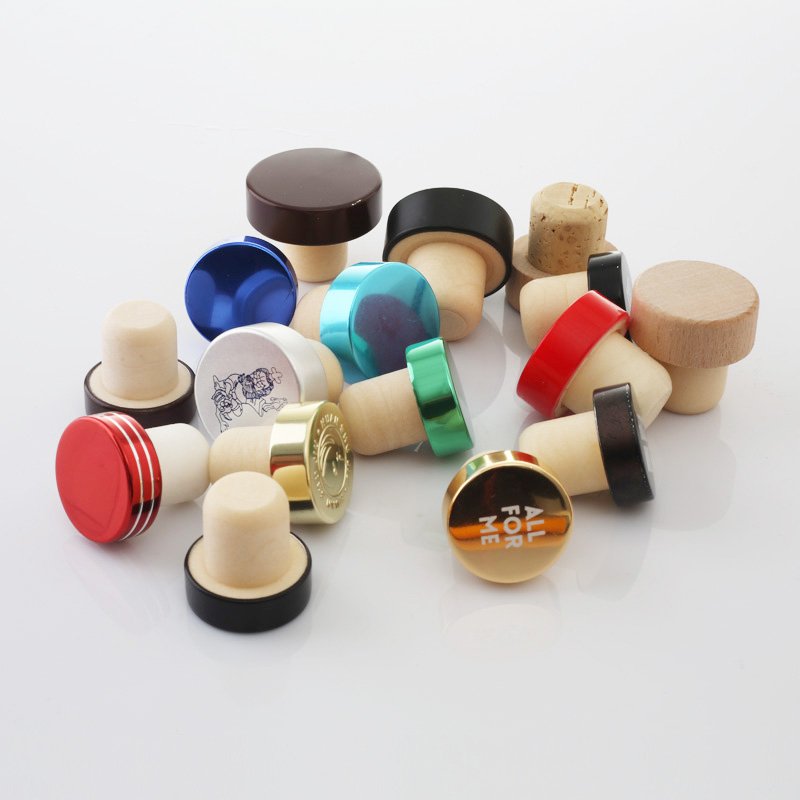 Natural wood cork closure shown in detail with the bottle's neck finish.