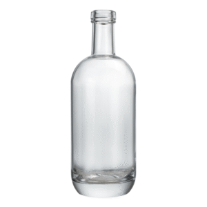 Elegant empty 750ml Moonea glass bottle with a unique curved design for premium spirits.