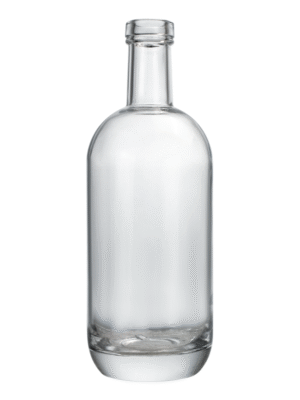 Elegant empty 750ml Moonea glass bottle with a unique curved design for premium spirits.