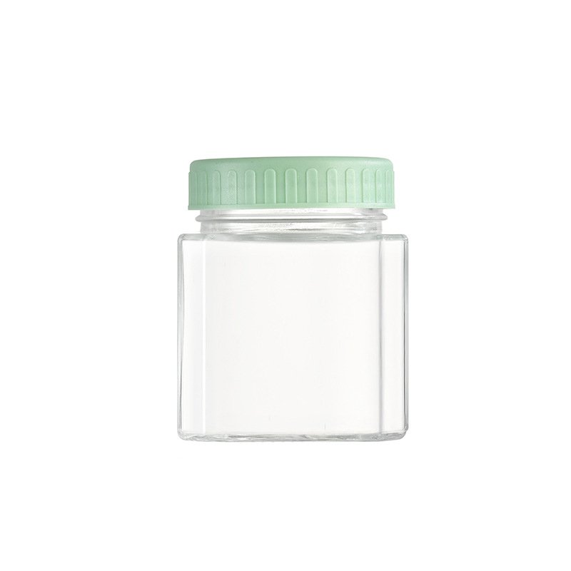 Square 380ml glass mason jar with white PP cap, shown filled with colorful grains.
